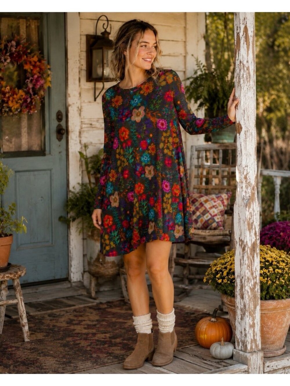 Natural Life Stevie Dress Sz Medium Rainbow Garden Black Floral Buttersoft Knit